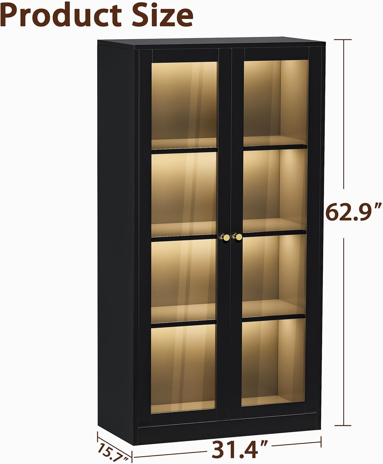 63'' Glass Display Cabinet with LED Light, 3 Shelves, Black J8537