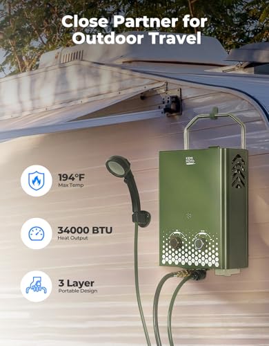 KEMIMOTO Propane Tankless Water Heater Outdoor Portable 1.32 GPM 34000 BTU for RV Camping Cabin Z62590