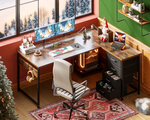 AODK L Shaped Gaming Desk with 4 Drawers, Power Outlets, Black P81263