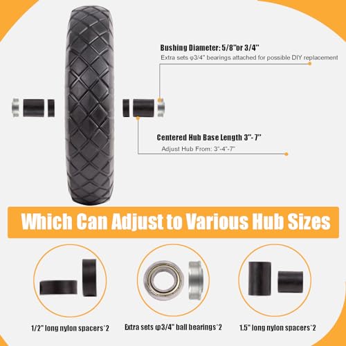 Wheelbarrow Tires 4.80/4.00-8 Flat Free 16" Solid Wheels with Bearings (2 Pack) X202