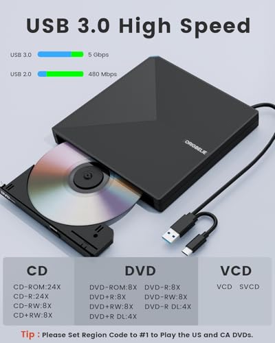 External CD DVD Drive for Laptop, USB 3.0 Type-C, Slim Portable Burner T70166