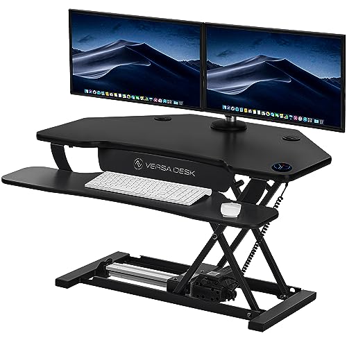 VERSADESK® PowerPro™ 36" Corner Standing Desk Converter, 36 Inch Motorized Height-Adjustable Standup Desk Riser Sit to Stand Desktop with Keyboard and Mouse Tray + USB Charging Port, Black