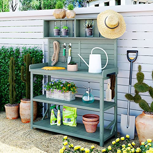 Merax 66" Outdoor Farmhouse Wooden Potting Bench Table with 2 Drawers and Cabinet, Brown U7933