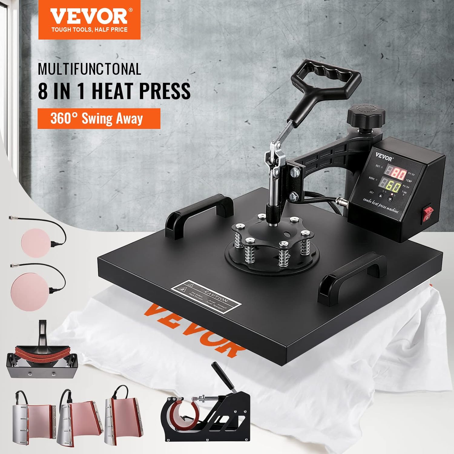 VEVOR 8 in 1 Heat Press Machine 15x15, 360° Swing Away for T Shirts, Hats & Mugs G41798