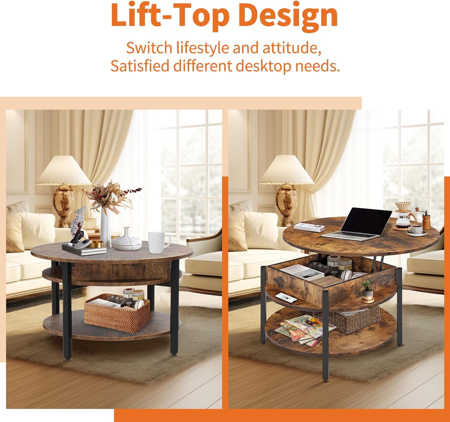 CLATINA Round Lift Top Coffee Table with Storage, Rustic Brown S101951