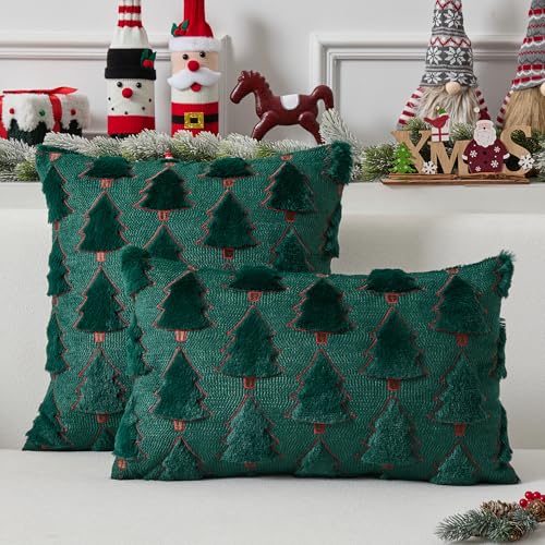 UGASA Star Christmas Decorative Pillow Covers 18x18 Inch Set of 2 Dark Green Q9265
