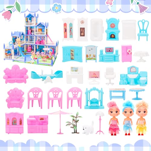Dollhouse 4-Story 11 Rooms with Furniture and Pool Slide for Toddlers Girls W52940