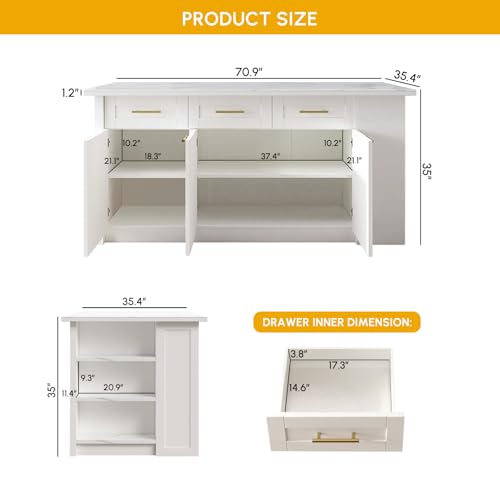 homary 72" Kitchen Island with Storage, White Dining Table with Seating & 3 Drawers H6352