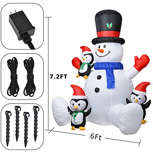 DearHouse 7Ft Lighted Christmas Inflatable Snowman with Three Cute Penguins G929154