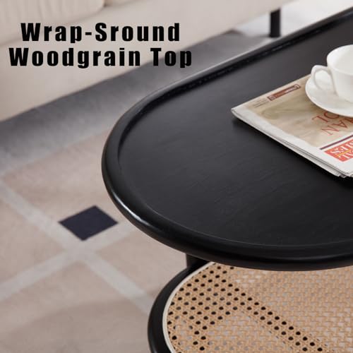 Rattan Wood Mid Century Modern Oval Coffee Table with Storage Shelf, Walnut A302530