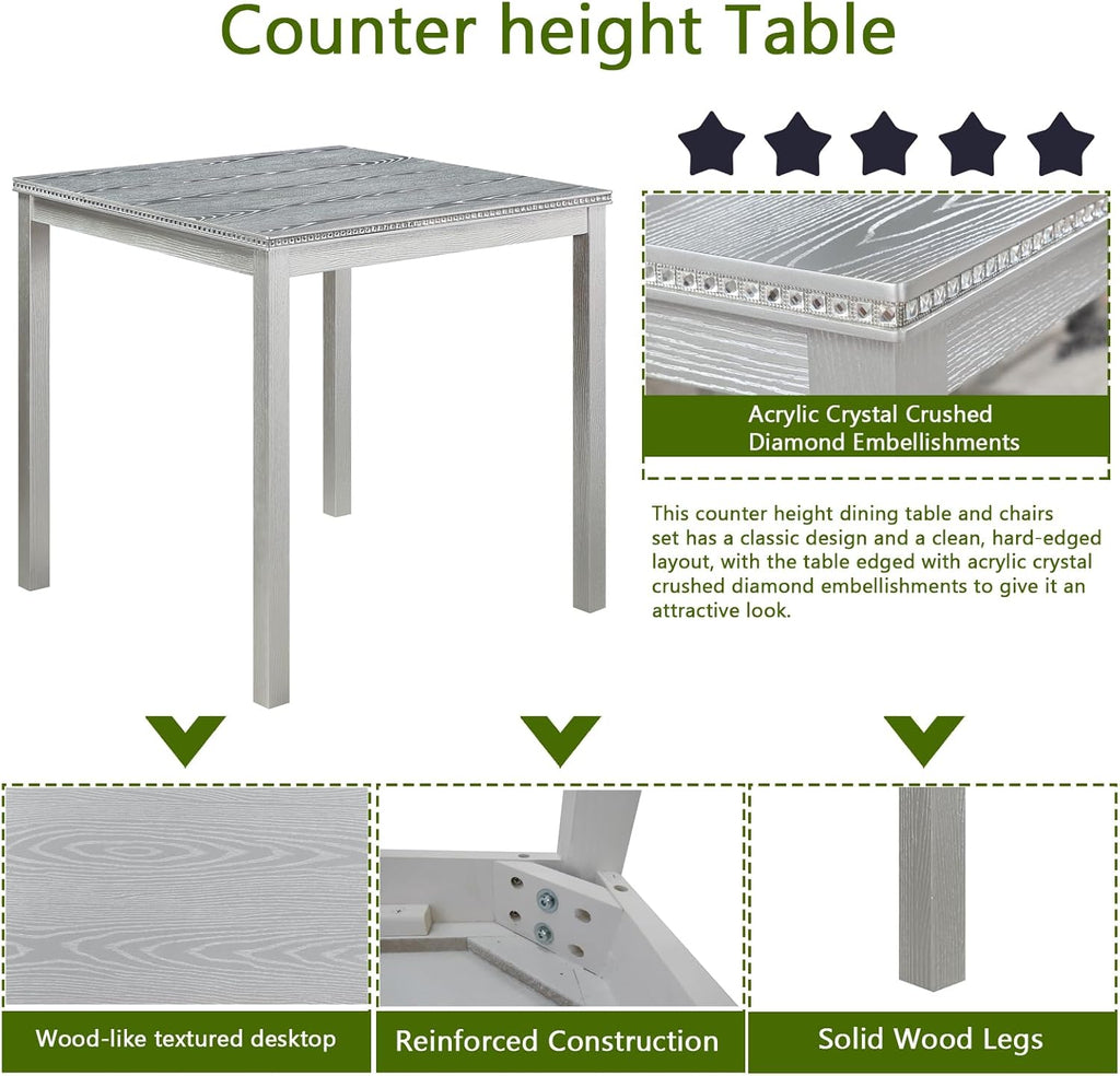 Acacia Wood Counter Height Dining Table Set with 4 Upholstered Chairs, Grey H9064