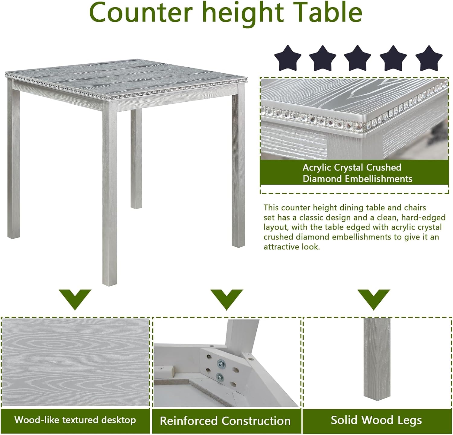 Acacia Wood Counter Height Dining Table Set with 4 Upholstered Chairs, Grey H9064
