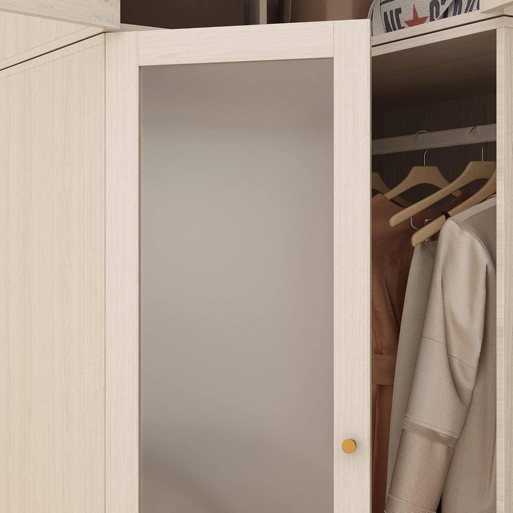 Homsee L-Shape Armoire Wardrobe with Frosted Glass Doors for Bedroom, Warm Grey C61970
