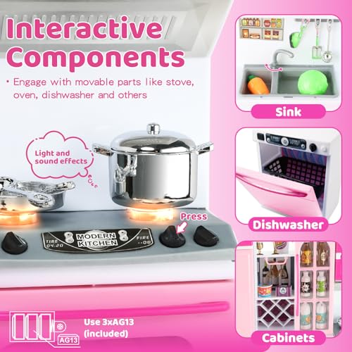 Pink Kitchen Toys with Lights Sounds for Kids Ages 4-8 I936392
