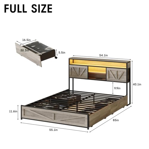 Queen Size Bed Frame with Charging Station, 4 Drawers, LED Light, Farmhouse Platform Bed with Headboard Storage, Wash Grey E20107