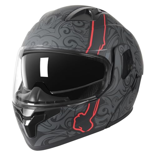 SPARK DOT Modular Flip-Up Dual Visor Motorcycle Helmet (Bright Black, Small) W8778