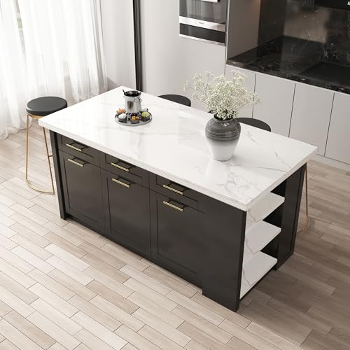homary 72" Kitchen Island with Storage, White Dining Table with Seating & 3 Drawers H6352