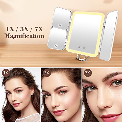 Sejoy Travel Makeup Mirror, 64 LED Lighted Vanity Mirror, 1X 3X 7X Magnification, Tri-Fold, Rechargeable, Purple G9818