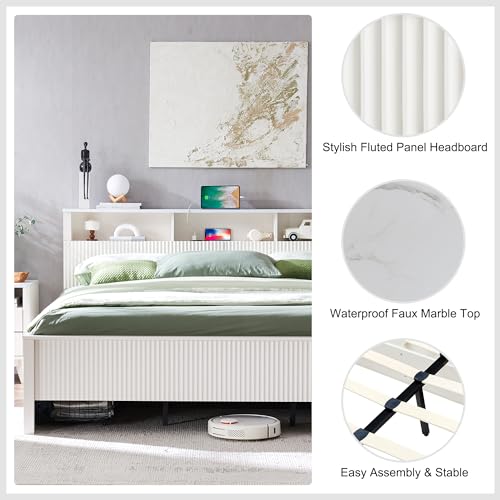 T4TREAM Fluted Panel King Bed Frame with Bookcase Headboard & Charging Station, Dark Grey N415357