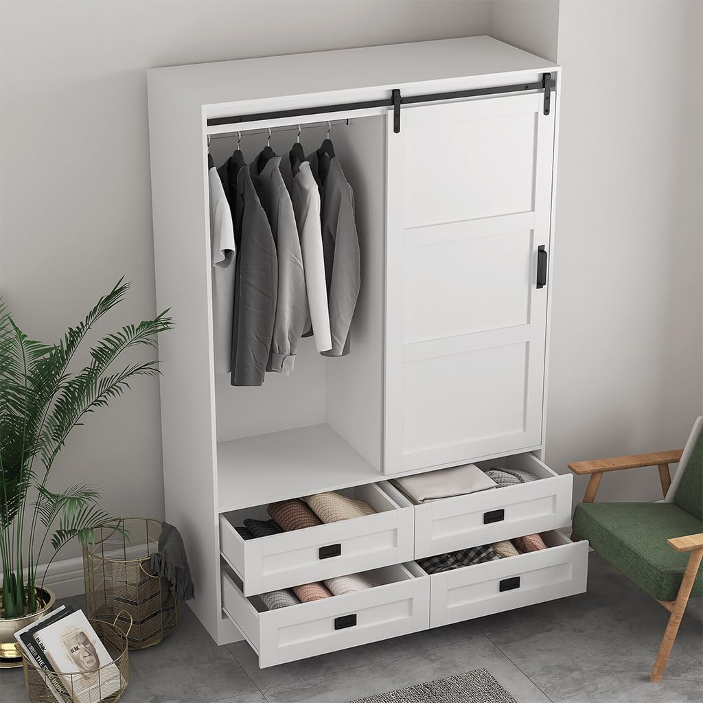 Solid Wood Armoire Wardrobe with Sliding Barn Door, 4 Drawers and Hanging Rod O1248
