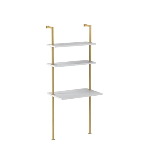 Nathan James Theo 2-Shelf Industrial Wall Mount Desk, White/Gold Brass S899841