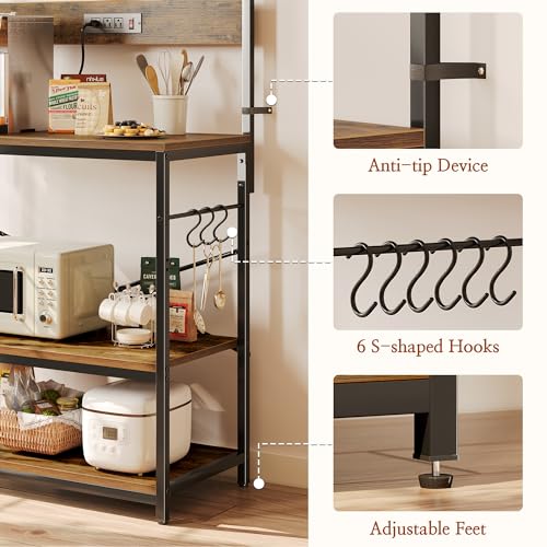 SUPERJARE Kitchen Bakers Rack with Power Outlet, Coffee Bar Table, Rustic Brown W637