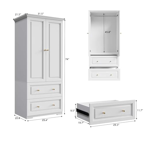 78.74" 6-Door Large Armoire Wardrobe with 3 Drawers & 2 Hanging Rods, White V38930