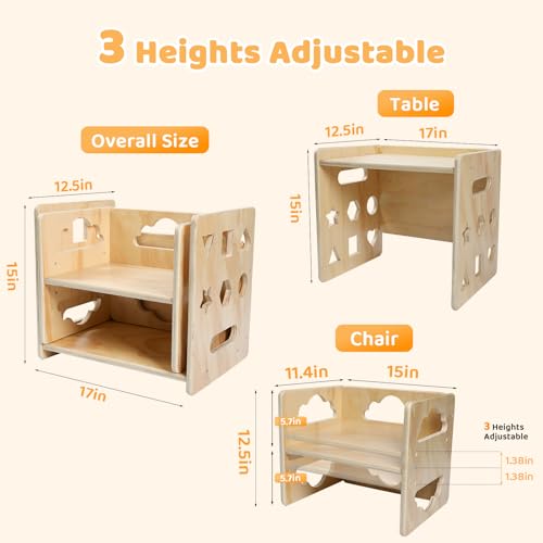 Montessori Weaning Table and Chair Set, Wooden Toddler Table with Blackboard, 3 Heights Adjustable I4858