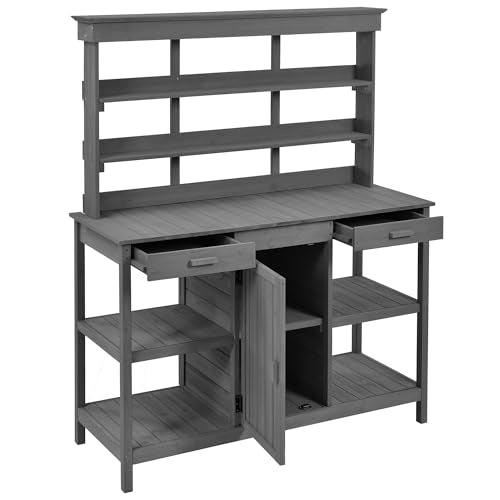 Merax 66" Outdoor Farmhouse Wooden Potting Bench Table with 2 Drawers and Cabinet, Brown U7933