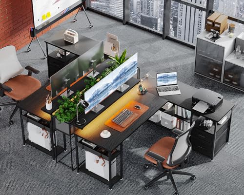 ODK L Shaped Gaming Desk with Power Outlets & LED Lights, Grey J75879