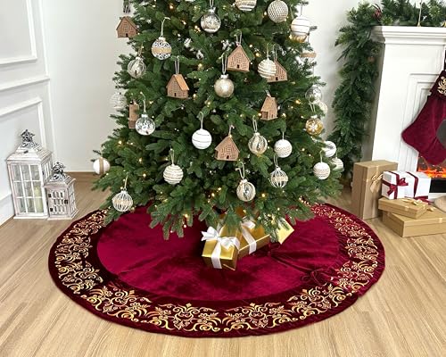 Burgundy Victorian Velvet Christmas Tree Skirt with Gold Damask Embroidery Q6345