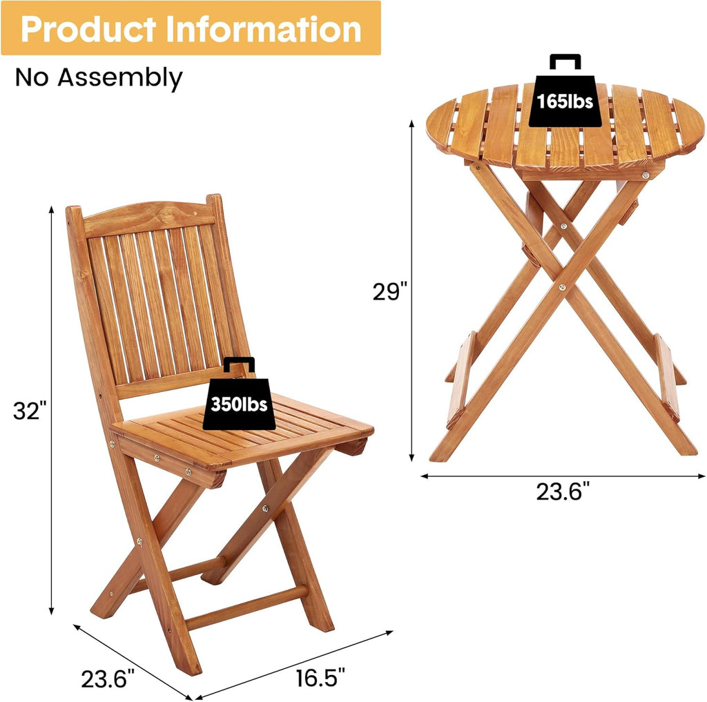 3Pcs Patio Bistro Set Wood Folding Table and 2 Chairs Outdoor Furniture X8767