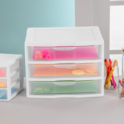 Sterilite 3-Pack Wide 3 Drawer Unit, Plastic Desktop Organizer, White Frame X750