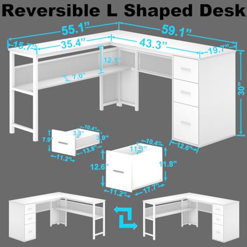 LVB Reversible Gray L Shaped Corner Desk with File Drawers, Light Grey Oak, 59 Inch L226