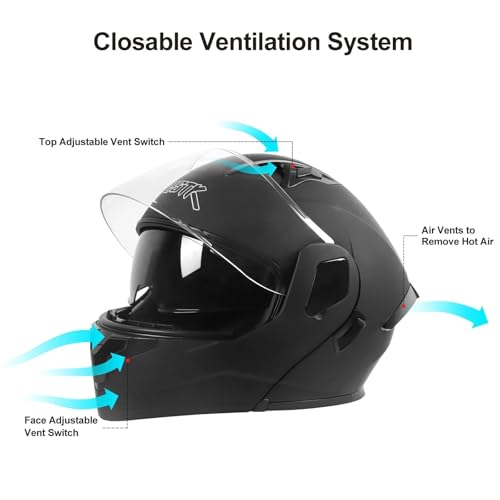 SPARK DOT Modular Flip-Up Dual Visor Motorcycle Helmet (Bright Black, Small) W8778