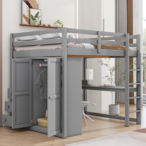 Harper & Bright Designs Full Size Loft Bed with Wardrobe and Desk, Solid Wood, White M8159