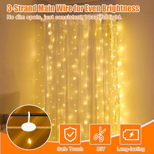 600LED Curtain Lights for Bedroom, Warm White, 8 Modes Y367582