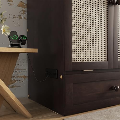 KEIKI Queen Murphy Bed Cabinet with Charging Station & Rattan Design S457376