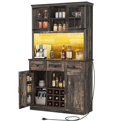 DWVO Coffee Bar Cabinet with Power Outlet/Lights, 72" Farmhouse Pantry Cabinet with Storage Shelves and 3 Drawers, Tall Liquor Cabinet Bar Cabinets for Home/Living Room, Dark Rustic Oak