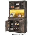DWVO Coffee Bar Cabinet with Power Outlet/Lights, 72" Farmhouse Pantry Cabinet with Storage Shelves and 3 Drawers, Tall Liquor Cabinet Bar Cabinets for Home/Living Room, Dark Rustic Oak