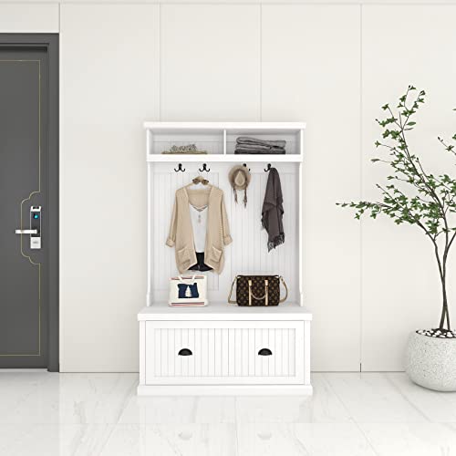 BNSPLY Hall Tree with Bench and Shoe Storage, White Y376