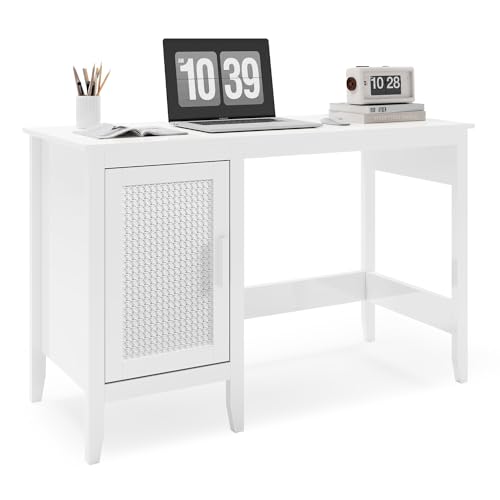 47" Executive Desk,Farmhouse Computer Desk with Drawers and Cabinet，Wood Home Office Desk，Rattan Wicker Desk for Bedroom, White