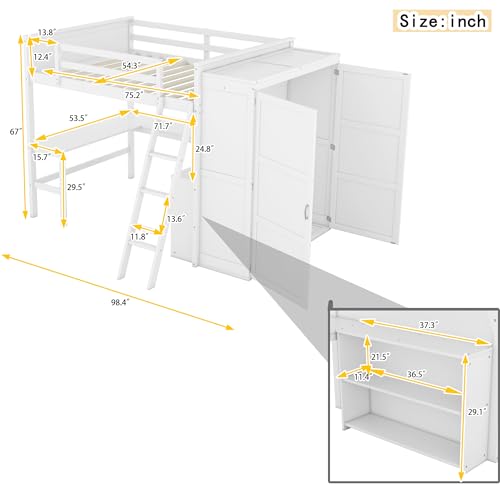 SOFTSEA Twin Size Loft Bed with Desk & Wardrobe, Solid Wood, Grey Q18519