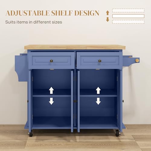 HOMCOM Kitchen Island on Wheels with Rubberwood Top, Navy Blue X7812