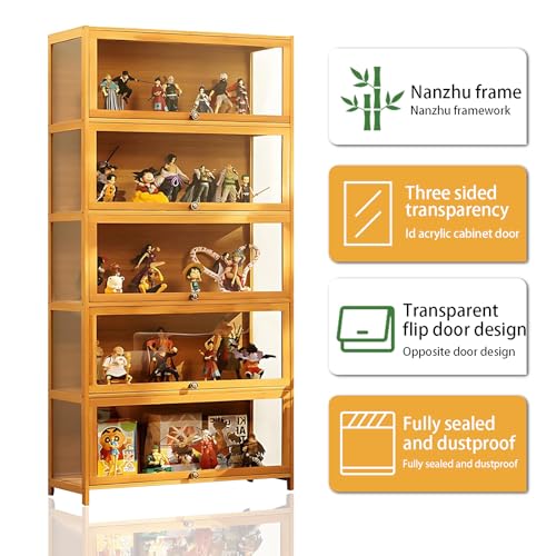 68" Curio Display Cabinet, 5 Tier Bamboo Storage with Acrylic Glass Door O367907
