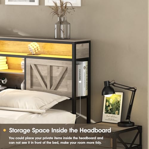 Queen Size Bed Frame with Charging Station, 4 Drawers, LED Light, Farmhouse Platform Bed with Headboard Storage, Wash Grey E20107