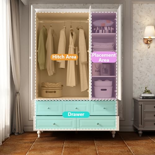 Hitow 3 Door Wardrobe Armoire with Mirror, 5 Drawers & Hanging Rod, White A105