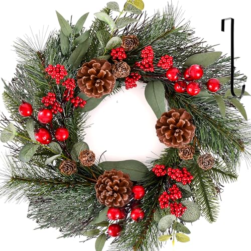 24 Inch Christmas Wreath with Red Bow for Front Door C225