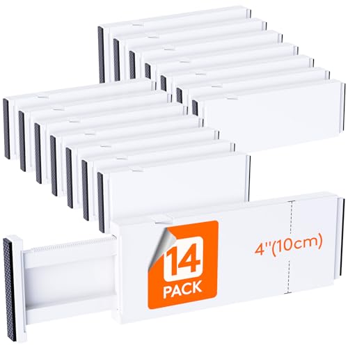 Lifewit 14 Pack Drawer Dividers 4" High, 11-17" Adjustable Drawer Organizers for Clothes, Expandable Dresser Separators in Bedroom/Bathroom/Kitchen/Fridge/Office Organization and Storage, White