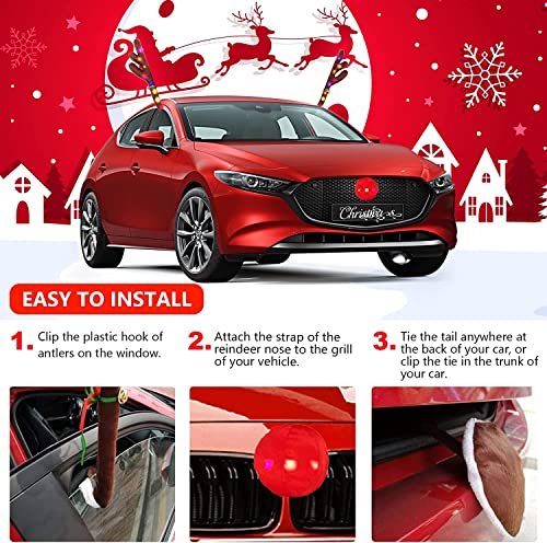 Car Reindeer Antlers Decoration Kit with Jingle Bells, Red Nose and Tail for Cars L3821